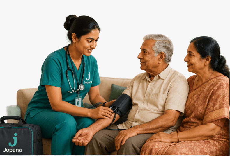 A Jopana nurse checking the blood pressure of an elderly couple at home